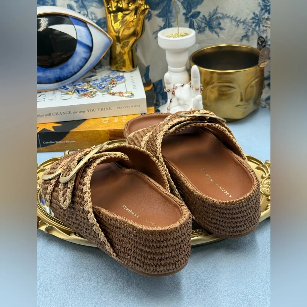 🆕 LOEFFLER RANDALL 🧿 NWOB Theo Embroidered Raffia Platform Sandal, Brown Sz 7